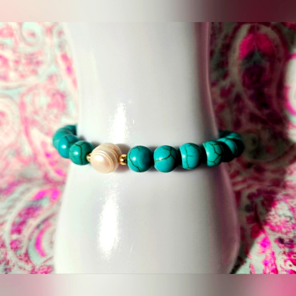 Handcrafted Bracelet With Turquoise-Colored Beads & Single Pearl